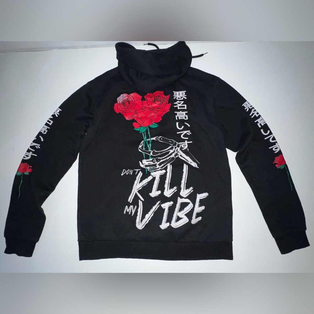 Black Graphic Hoodie with Red Rose Design